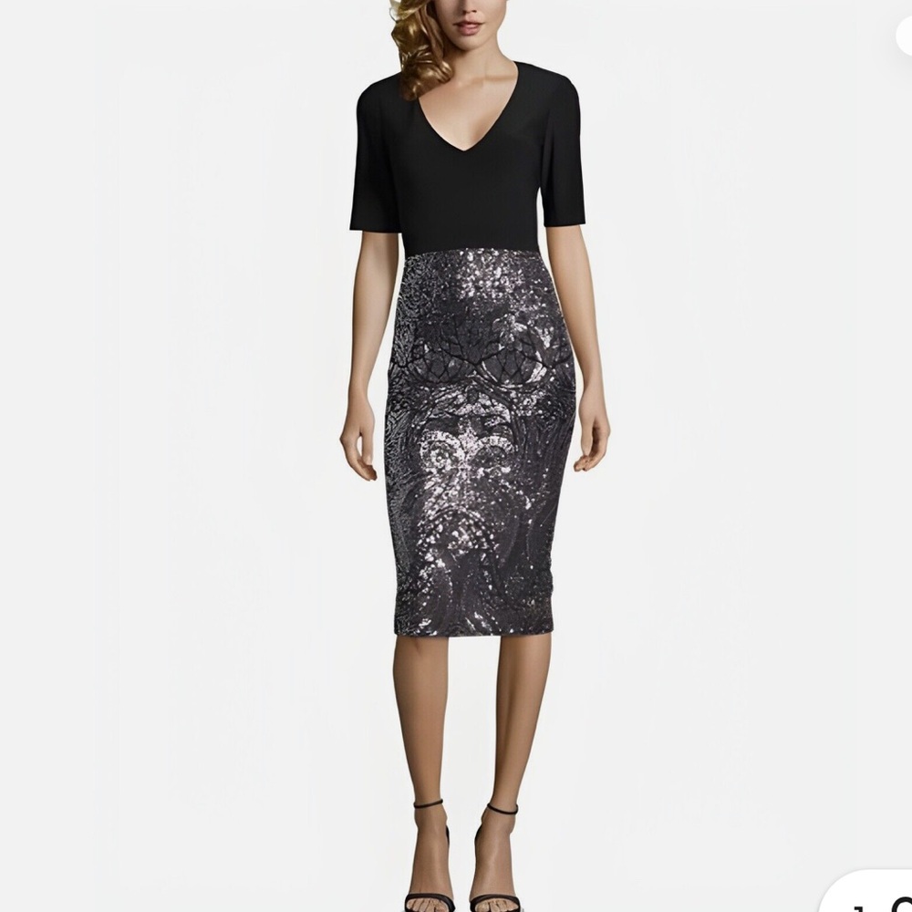 Betsy & Adam Women Black Sequined Skirt Short Sleeve Sheath Dress Size: 10